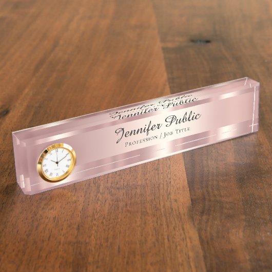 Elegant Script Luxurious Rose Gold With Clock Namensplakette (Seite)