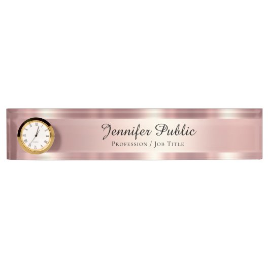Elegant Script Luxurious Rose Gold With Clock Namensplakette (Vorderseite)