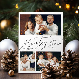 Elegant Script Merry Christmas Family 3 Photo Feiertagskarte