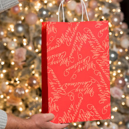 Elegant Script Merry Christmas Pattern/ Red & Gold Mittlere Geschenktüte