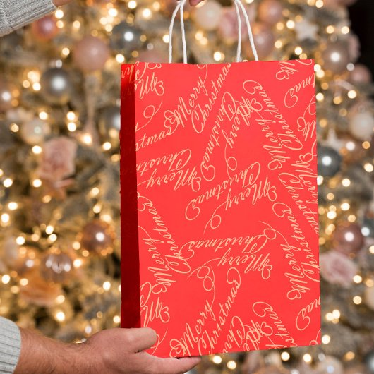 Elegant Script Merry Christmas Pattern/ Red & Gold Mittlere Geschenktüte