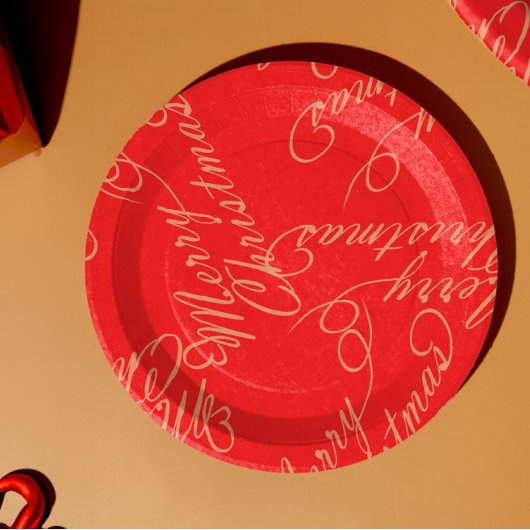 Elegant Script Merry Christmas Pattern/ Red & Gold Pappteller