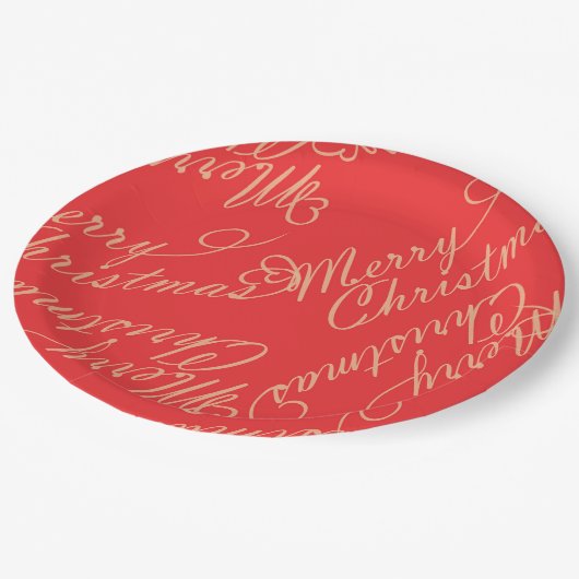 Elegant Script Merry Christmas Pattern/ Red & Gold Pappteller (Schrägansicht)