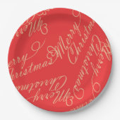 Elegant Script Merry Christmas Pattern/ Red & Gold Pappteller (Vorderseite)