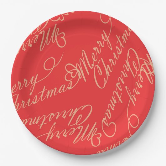 Elegant Script Merry Christmas Pattern/ Red & Gold Pappteller (Vorderseite)