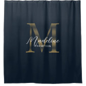Elegant Script Metallic Navy Blue Gold Monogram Duschvorhang (Vorderseite)