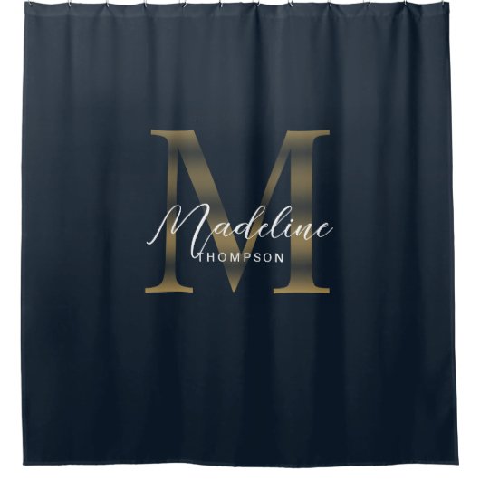 Elegant Script Metallic Navy Blue Gold Monogram Duschvorhang (Vorderseite)