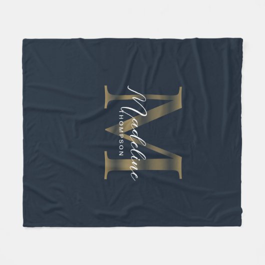 Elegant Script Metallic Navy Blue Gold Monogram Fleecedecke (Vorderseite (Horizontal))