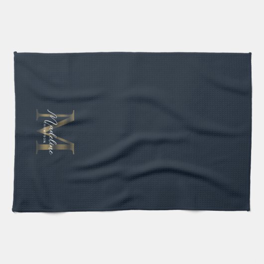 Elegant Script Metallic Navy Blue Gold Monogram Geschirrtuch (Horizontal)