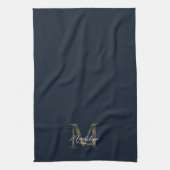 Elegant Script Metallic Navy Blue Gold Monogram Geschirrtuch (Vertikal)