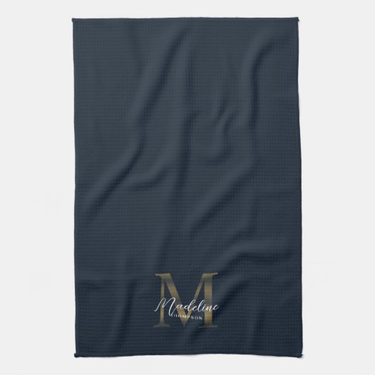 Elegant Script Metallic Navy Blue Gold Monogram Geschirrtuch (Vertikal)
