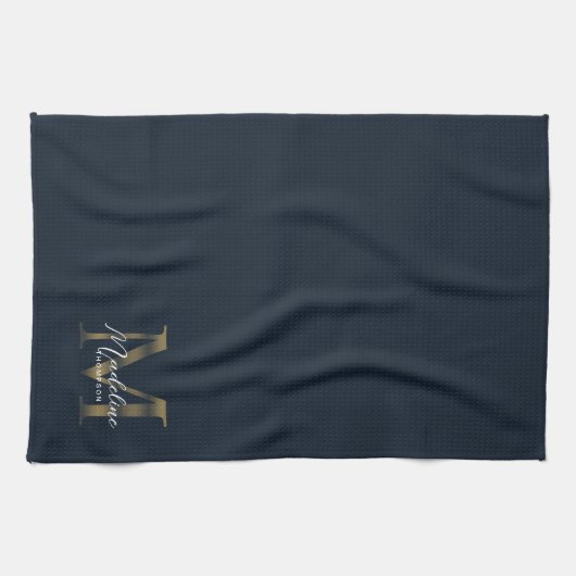 Elegant Script Metallic Navy Blue Gold Monogram Geschirrtuch (Horizontal)