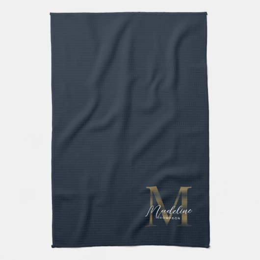 Elegant Script Metallic Navy Blue Gold Monogram Geschirrtuch (Vertikal)