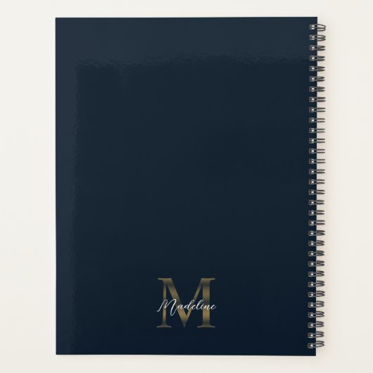 Elegant Script Metallic Navy Blue Gold Monogram Planer (Rückseite)