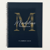 Elegant Script Metallic Navy Blue Gold Monogram Planer (Vorderseite)