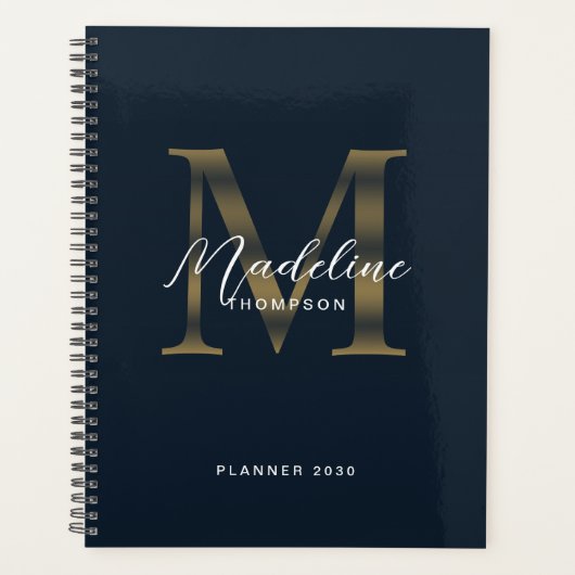 Elegant Script Metallic Navy Blue Gold Monogram Planer (Vorderseite)