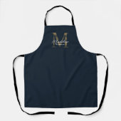 Elegant Script Metallic Navy Blue Gold Monogram Schürze (Vorderseite)