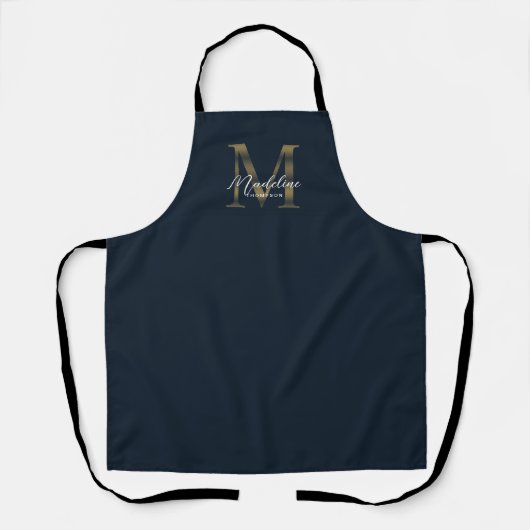 Elegant Script Metallic Navy Blue Gold Monogram Schürze (Vorderseite)