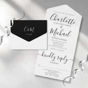 Elegant Script Minimalist Black And White Wedding All In One Einladung