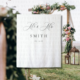 Elegant Script Minimalist Wedding Photo Backdrop  Wandteppich