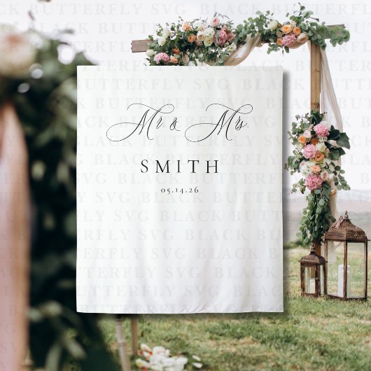 Elegant Script Minimalist Wedding Photo Backdrop  Wandteppich