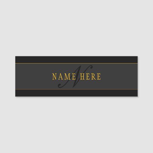Elegant Script Monogram Black & Gold Namensschild (Vorderseite)