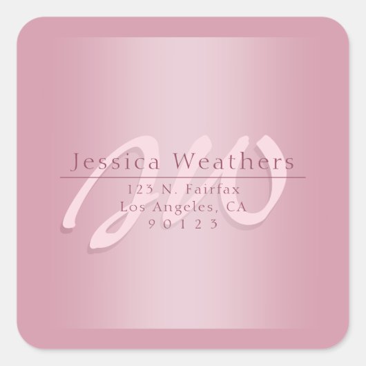 Elegant Script Monogram Mauve Ombre Return Address Quadratischer Aufkleber (Vorderseite)