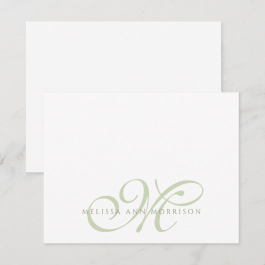 Elegant Script Name Green Monogram Flat Note Card Mitteilungskarte (Vorne/Hinten)