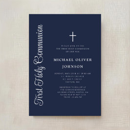 Elegant Script Navy Blue Boy First Communion Einladung