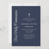 Elegant Script Navy Blue Boy First Communion Einladung (Vorderseite)
