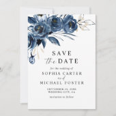 Elegant Script Navy Blue Floral Photo Wedding Save The Date (Vorderseite)