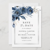 Elegant Script Navy Blue Floral Photo Wedding Save The Date (Vorderseite)
