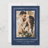 Elegant Script Navy Blue Floral Photo Wedding Save The Date (Rückseite)