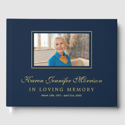 Elegant Script Navy Blue Photo In Loving Memory Gästebuch (Vorderseite)
