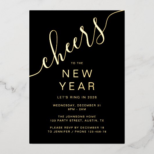 Elegant Script New Year Party Gold Folieneinladung (Vorderseite)