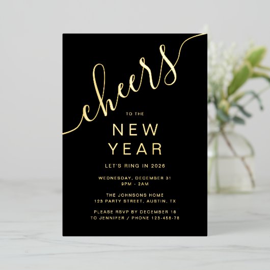 Elegant Script New Year Party Gold Folieneinladung (Stehend vorne)