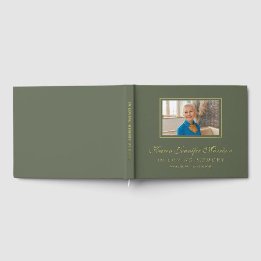 Elegant Script Olive Green Photo In Loving Memory Gästebuch (Voll)