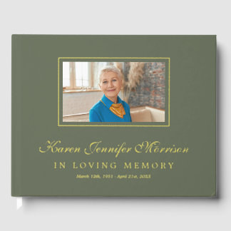 Elegant Script Olive Green Photo In Loving Memory Gästebuch
