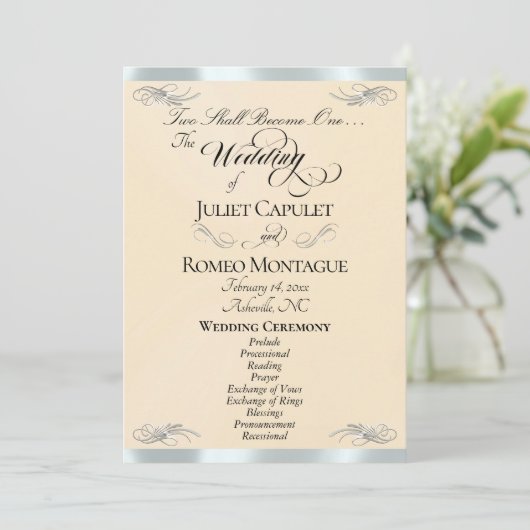 Elegant Script - Pfirsichperle/Silberne Hochzeit Programm (Stehend Vorderseite)