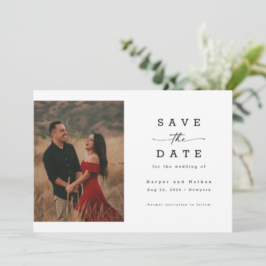 Elegant Script Photo QR Code Wedding Save The Date (Stehend Vorderseite)