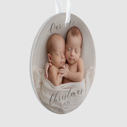 Elegant Script Photo Twin Babies First Christmas Ornament (Vorderseite)