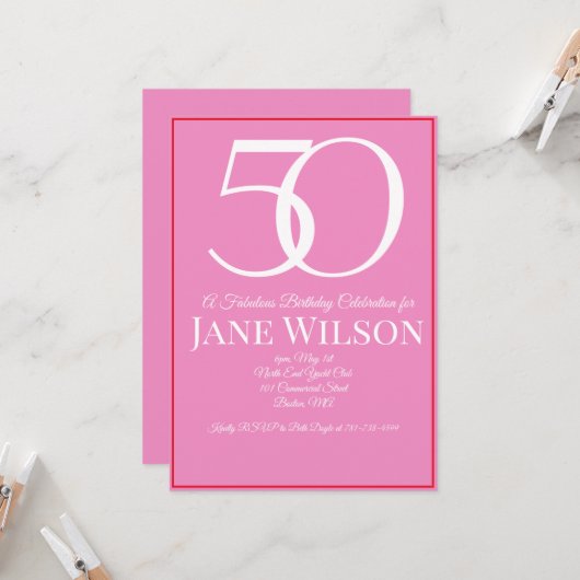 Elegant Script Pink 50th Birthday Party Einladung (Vorderseite/Rückseite Beispiel)