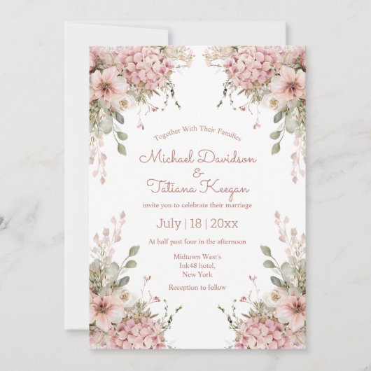 elegant script pink floral garden modern wedding einladung (Vorderseite)