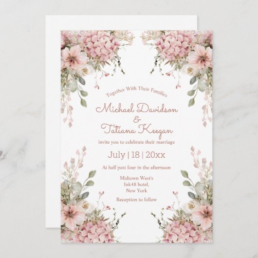elegant script pink floral garden modern wedding einladung (Vorne/Hinten)