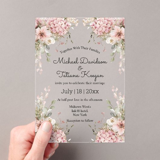 elegant script pink floral minimal chic wedding acryleinladungen (Insitu (Handheld))
