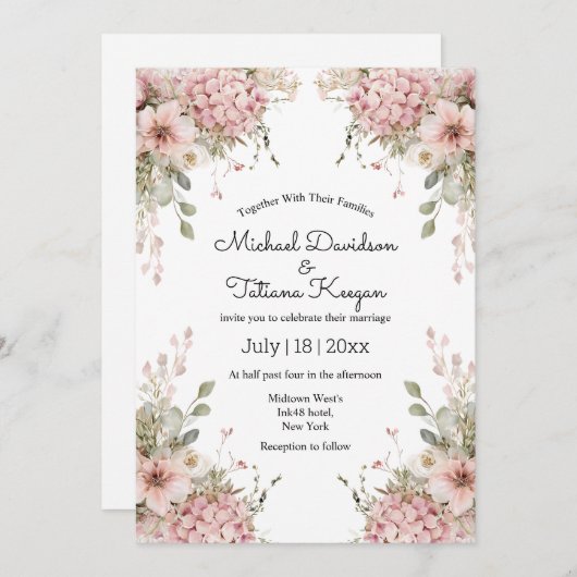 elegant script pink floral minimal modern wedding einladung (Vorne/Hinten)
