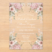 elegant script pink floral minimal wedding acryleinladungen (Vorderseite)