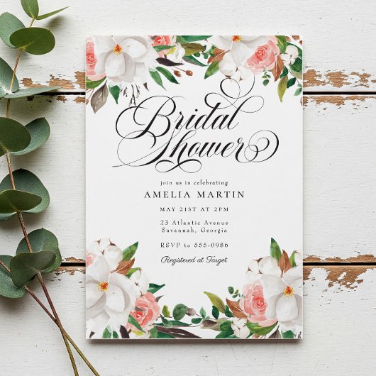 Elegant Script Pink White Floral Bridal Shower Einladung