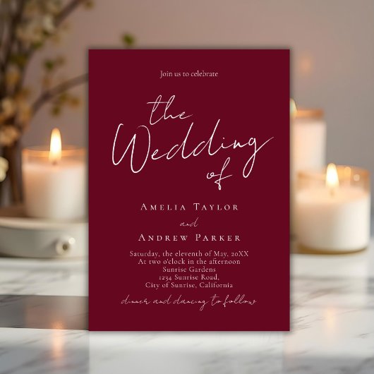 Elegant Script QR Code Burgundy White Wedding Einladung