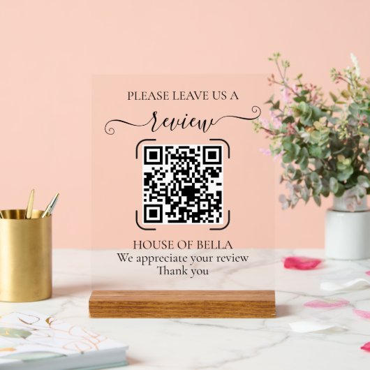 Elegant Script QR Code Review Request Sign Acrylschild (Hochzeit)